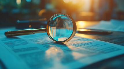 Magnifying Glass on Documents Reveals Details for Research Analysis Investigation Inspection Audit Scrutiny Examination