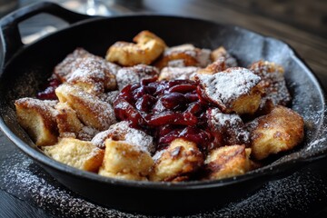 Kaiserschmarrn mit Puderzucker und Zwetschgenr&ouml;ster &ouml;sterreichisches Dessert Mehlspeise s&uuml;&szlig;e Pfannengerichte Alpenk&uuml;che H&uuml;ttenschmankerl Kaiserschmarrn Rezept Foodfotografie S&uuml;&szlig;speise Klassiker