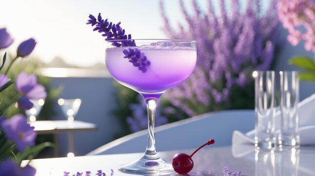 lavender Aviation cocktail served in a sleek, modern, luxurious coupe glass with a single dark luxardo maraschino cherry garnish resting elegantly at the bottom. Set in a minimalist