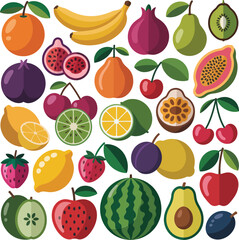 Vibrant Assortment of Flat Design Fruit Icons: Healthy Eating and Tropical Flavors.