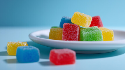 Colorful sugar-coated gummy candy cubes stacked on a white plate against a pastel blue background.
