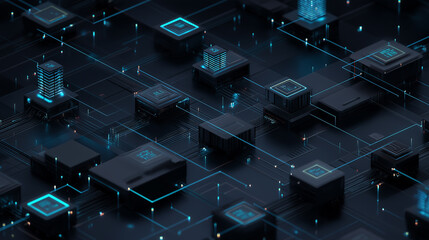 3D illustration of glowing digital cubes representing blockchain technology and decentralized data networks.
