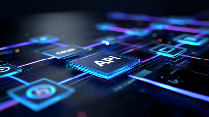Fototapeta na wymiar Futuristic digital interface with glowing API icons connected by lines, representing software integration and data exchange. 