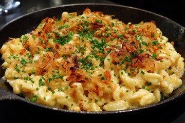 Käsespätzle mit Röstzwiebeln deutsches Gericht Allgäuer Spätzle Hausmannskost Käse Spezialität deftiges Essen Pfannengericht traditionelle Küche Alpenrezept Comfort Food Foodfotografie käsig herzhaft