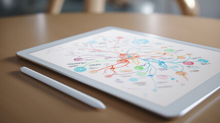 Tablet on a desk displaying a colorful digital mind map with a stylus placed beside it.
