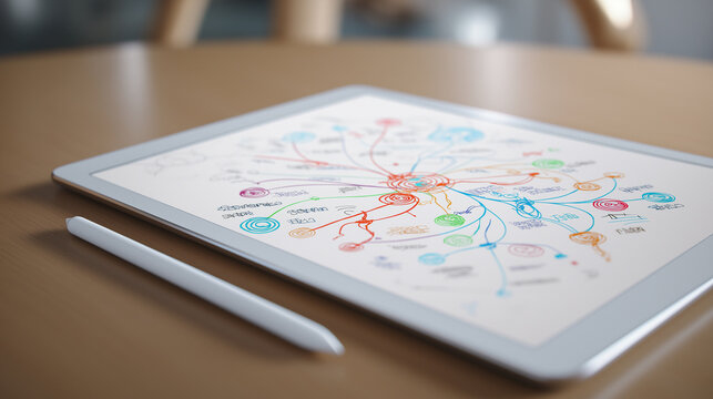 Tablet on a desk displaying a colorful digital mind map with a stylus placed beside it.