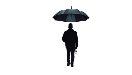 Man with umbrella walking alone, back view, isolated on white background