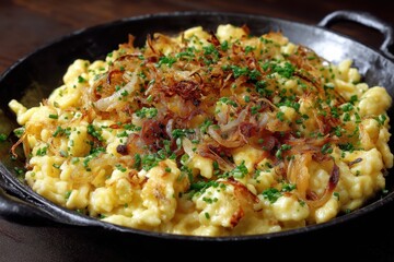 Käsespätzle mit Röstzwiebeln deutsches Gericht Allgäuer Spätzle Hausmannskost Käse Spezialität deftiges Essen Pfannengericht traditionelle Küche Alpenrezept Comfort Food Foodfotografie käsig herzhaft
