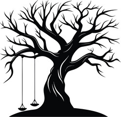  tree swing silhouette, hanging branch, empty seat
