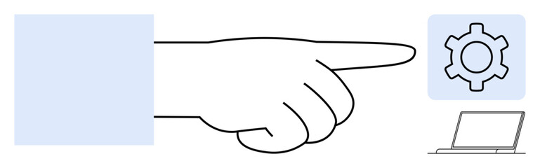 Outstretched hand pointing at gear symbol with a laptop below, symbolizing settings, system workflow, management, or technology. Ideal for automation, tech support, user experience, IT services