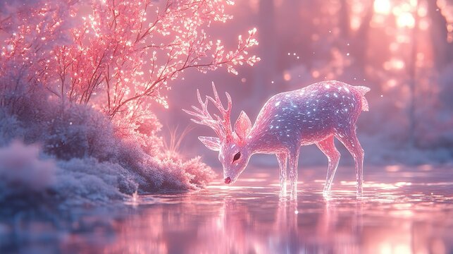 Floating iridescent glass islands glowing with liquid moonlight, crystal trees scattering prismatic rainbows through fog, porcelain deer with quartz antlers in ethereal landscape