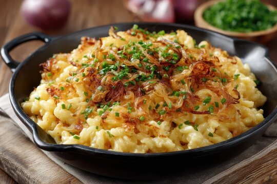 K&auml;sesp&auml;tzle mit R&ouml;stzwiebeln deutsches Gericht Allg&auml;uer Sp&auml;tzle Hausmannskost K&auml;se Spezialit&auml;t deftiges Essen Pfannengericht traditionelle K&uuml;che Alpenrezept Comfort Food Foodfotografie k&auml;sig herzhaft