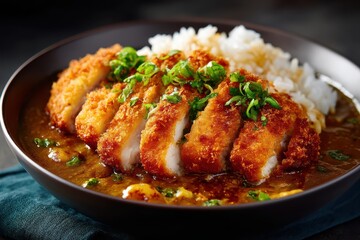 Katsu Curry Reisgericht japanisches Essen knuspriges Schnitzel Tonkatsu mit Currysoße asiatische Küche Comfort Food Foodfotografie frittiertes Fleisch Curry Bowl Reisschale authentisch serviert