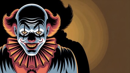 Scary clown smiling over a dark background, free space for text, halloween wallpaper