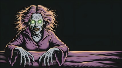 Scary witch with green shining eyes over a black background, free space for text, halloween wallpaper