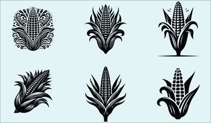 Collection of Six Black and White Corn Cob Vector Illustrations