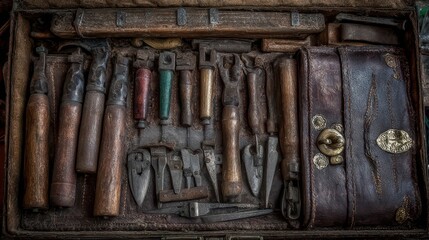 Antique tools neatly arranged in a vintage wooden toolbox.