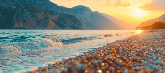 Naklejka premium Stunning rocky coastline illuminated by warm golden hour light, creating a serene sunset atmosphere