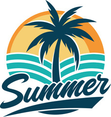 Poolside vacation logo with palm tree in sunny glow vector illustration

