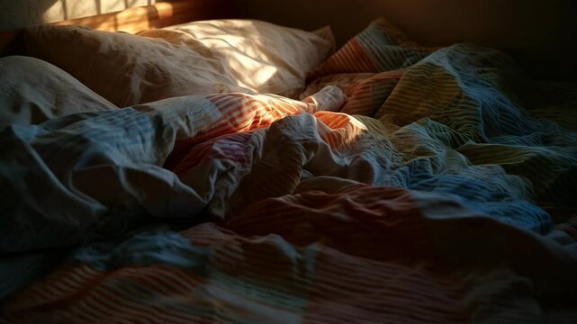 Sunlight streams through window onto a rumpled bed with striped blanket and pillows in a simple, cozy bedroom interior, creating a relaxing and inviting atmosphere.