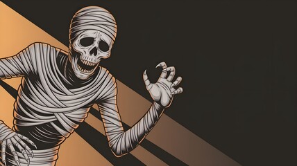 Scary mummy with red shining eyes over a black background, free space for text, halloween wallpaper