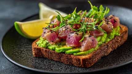 A vibrant plate features toasted bread layered with creamy avocado and fresh fish. The dish is beautifully garnished with herbs and served alongside lime wedges, making it perfect for brunch