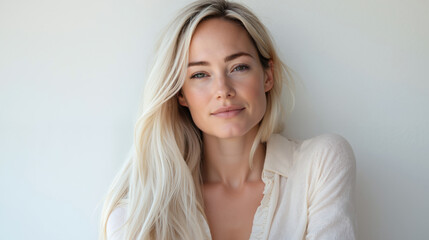 Naklejka premium Beautiful blonde woman with long hair and natural glowing skin on neutral background. Female displaying healthy complexion and natural beauty confidence. Skincare wellness concept. Beauty service sale