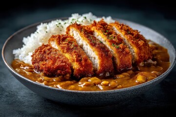 Katsu Curry Reisgericht japanisches Essen knuspriges Schnitzel Tonkatsu mit Currysoße asiatische Küche Comfort Food Foodfotografie frittiertes Fleisch Curry Bowl Reisschale authentisch serviert