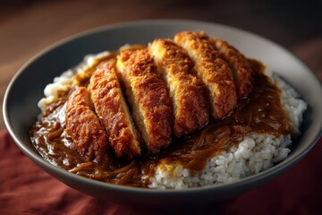 Katsu Curry Reisgericht japanisches Essen knuspriges Schnitzel Tonkatsu mit Currysoße asiatische Küche Comfort Food Foodfotografie frittiertes Fleisch Curry Bowl Reisschale authentisch serviert