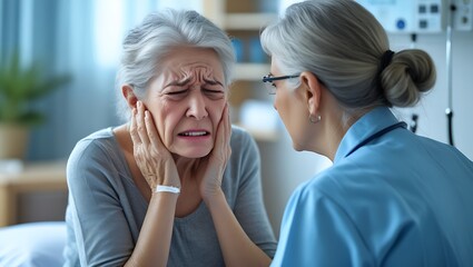 Obraz premium Distressed Senior Woman Receiving Consultation from Doctor about Jaw Pain