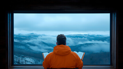 Man in Orange Jacket Contemplates Snowy Mountain View from Window