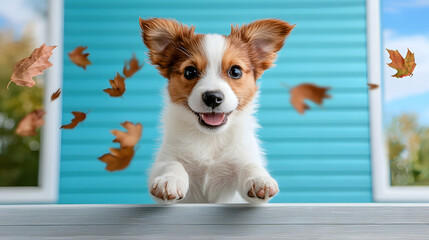 Happy Puppy Jumping Amidst Falling Autumn Leaves