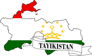 The map of Tajikistan overlaid with the flag of Tajikistan and its name written on a ribbon