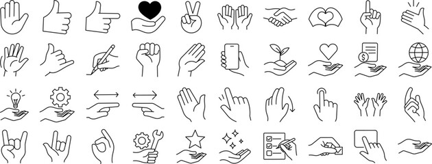 Hand Gesture Line Icon Set — Includes thumbs up, peace sign, handshake, finger point, love hand, rock sign, offering hand, and more. Editable Stroke Icons in Minimal Outline Style.