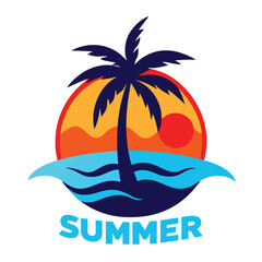 Island logo with palm tree on small tropical patch vector illustration