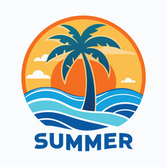 Vacation inspired logo with palm tree on small island vector illustration