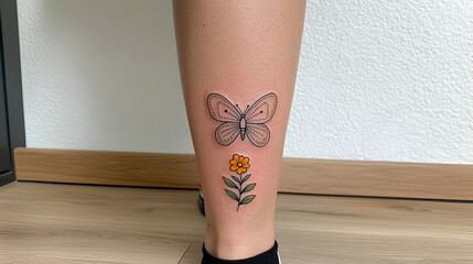 Closeup of a Delicate Butterfly and Flower Tattoo on a Woman's Lower Leg
