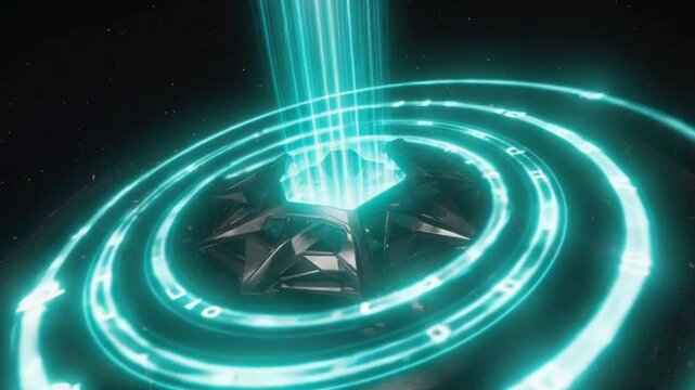 Abstract alien artifact center emits spiraling green plasma particles pulsating waves circular language glyphs as they expand, glowing in layers, dark cosmic sci-fi, mysterious, cinematic