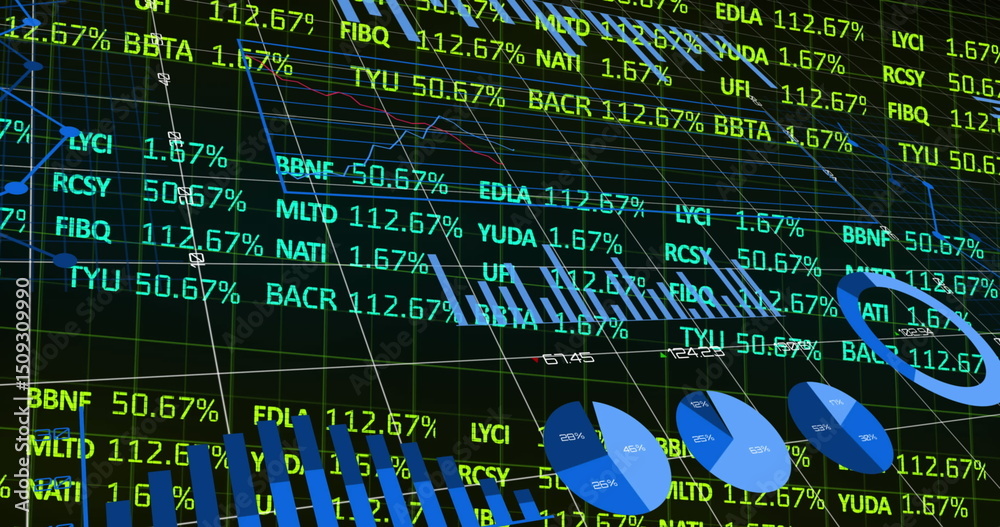 Poster image of statistics and data processing over world map
