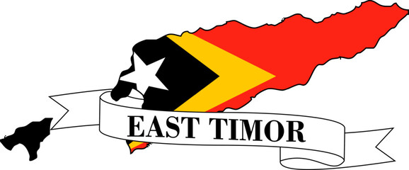 The map of East Timor overlaid with the flag of East Timor and its name written on a ribbon