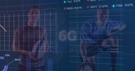 Image of data processing on red bar and line graph over sports fans at stadium