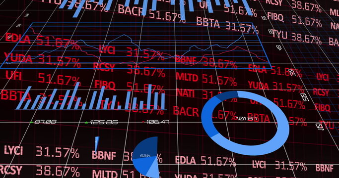 Digital image of stock market data processing against black background - Powered by Adobe