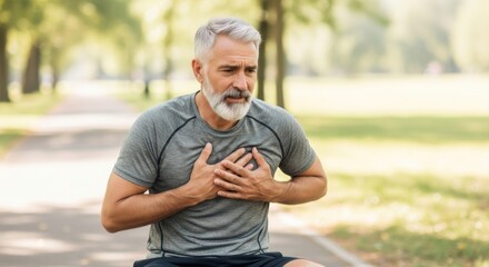 Obraz premium Senior man experiencing chest pain in park environment - health and wellness concept