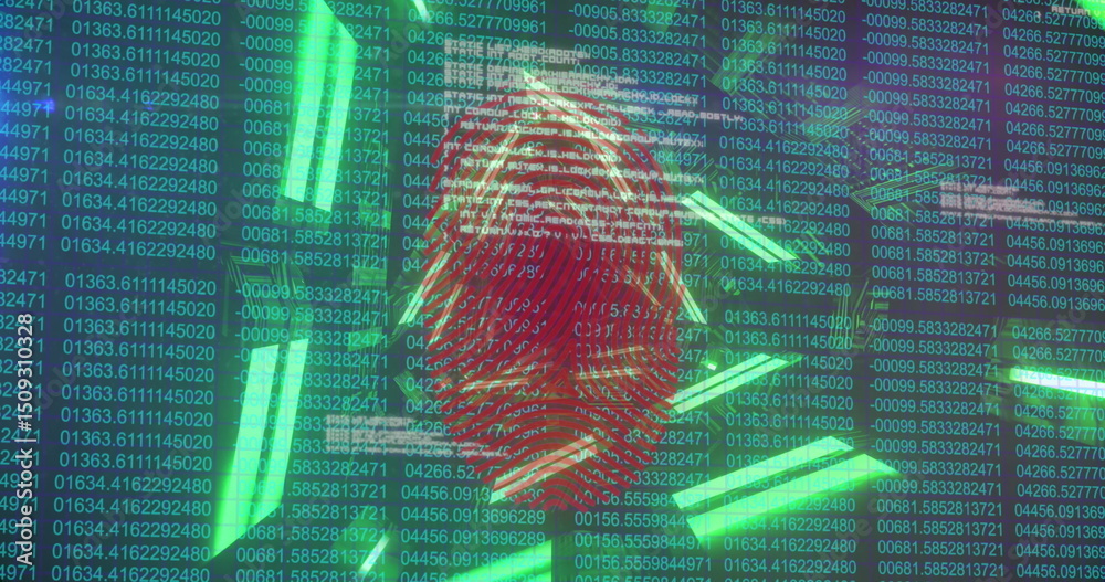 Poster Displaying red fingerprint hovering over cybersecurity display, showing green code and neon bars