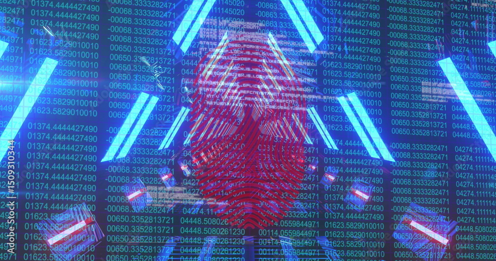 Poster image of digital data processing and fingerprint over dark background