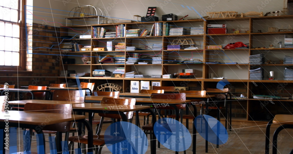 Poster image of financial data processing over empty classroom