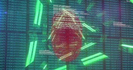 Selbstklebende Fototapeten Displaying red fingerprint hovering over cybersecurity display, showing green code and neon bars © vectorfusionart