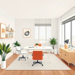 Contemporary office interior design featuring natural light and minimalist decor, promoting productivity and a calm workspace atmosphere