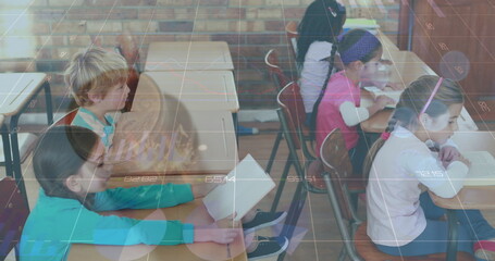 Image of data processing over diverse group of pupils with female teacher