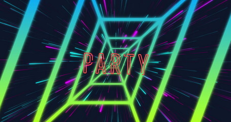 Image of party text over green neon lines and light trails on black background